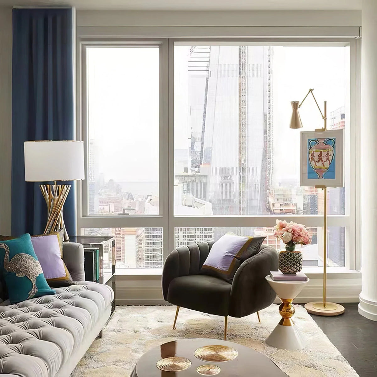 Floor Lamp | Gold Frame & White Marble Base | Art Display Lighting