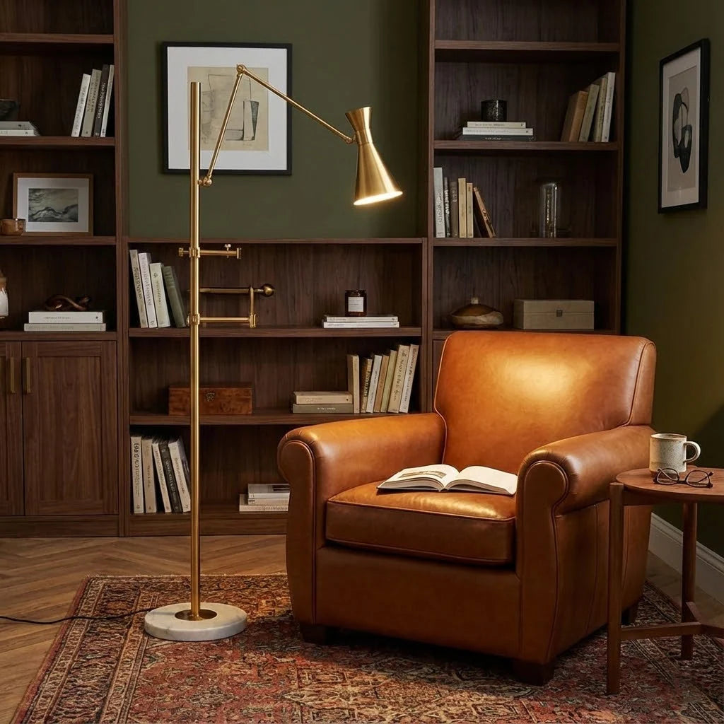 Floor Lamp | Gold Frame & White Marble Base | Art Display Lighting
