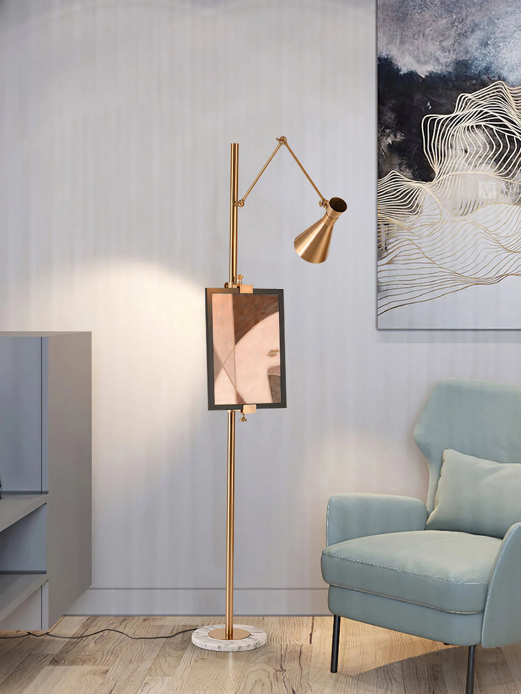 Floor Lamp | Gold Frame & White Marble Base | Art Display Lighting