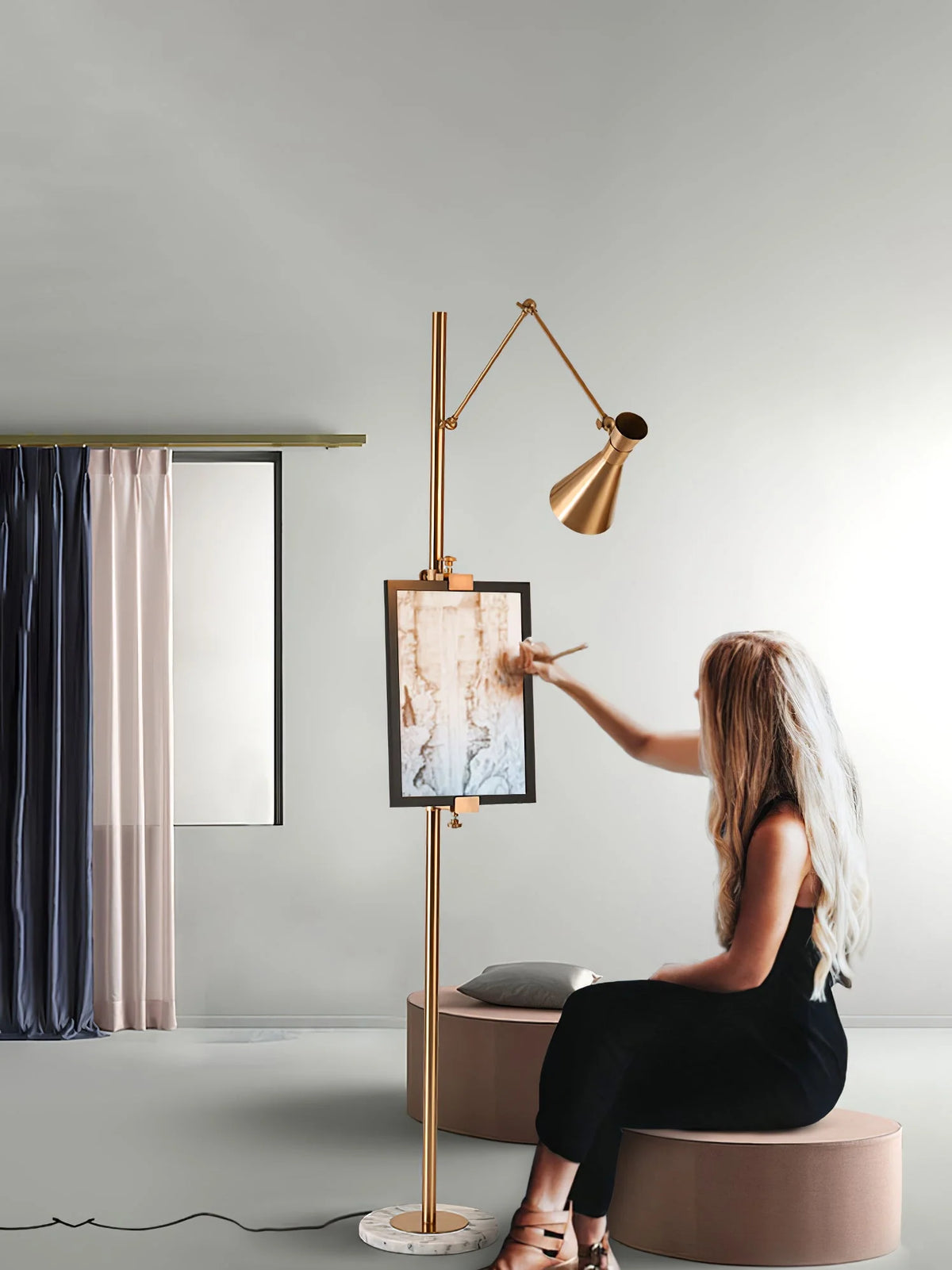 Floor Lamp | Gold Frame & White Marble Base | Art Display Lighting