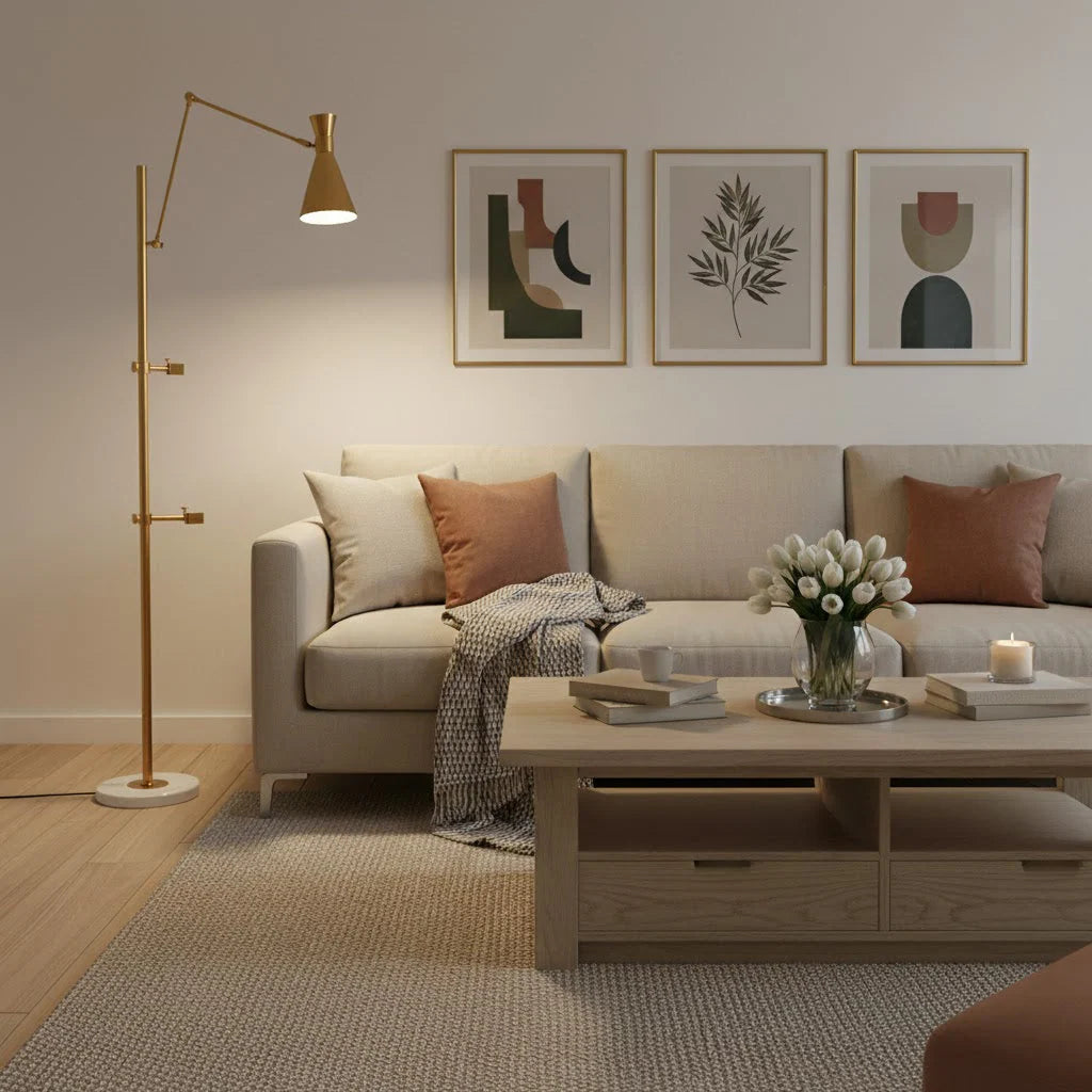 Floor Lamp | Gold Frame & White Marble Base | Art Display Lighting