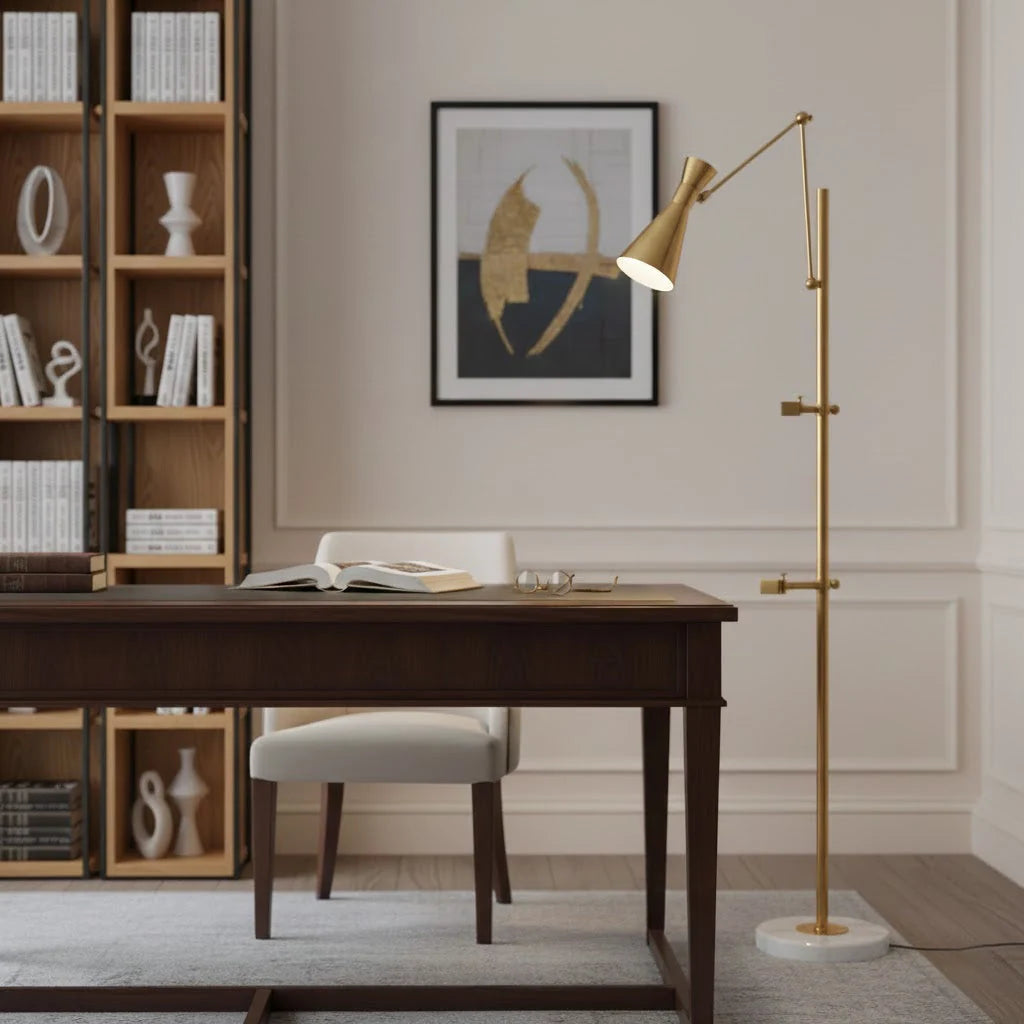 Floor Lamp | Gold Frame & White Marble Base | Art Display Lighting