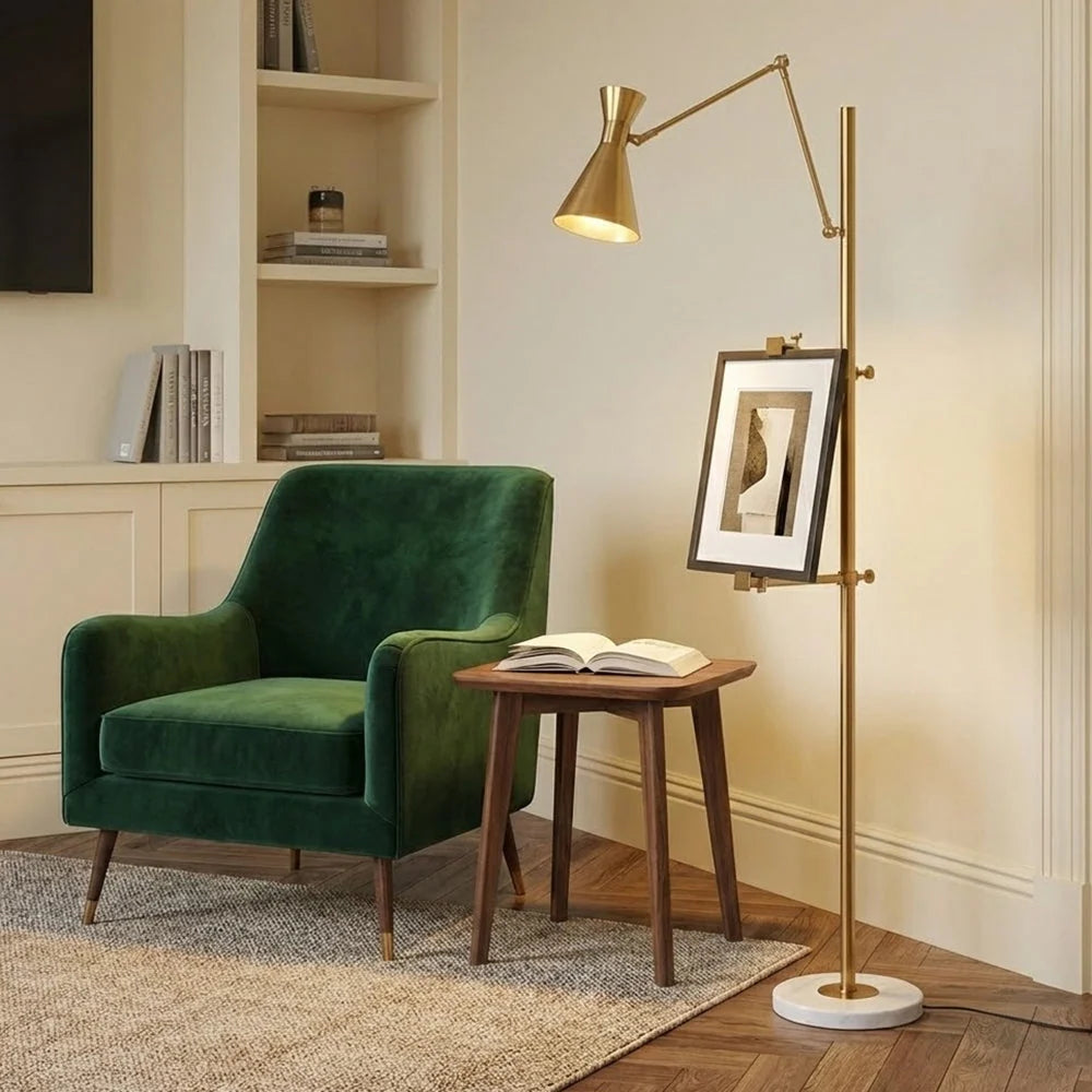 Floor Lamp | Gold Frame & White Marble Base | Art Display Lighting