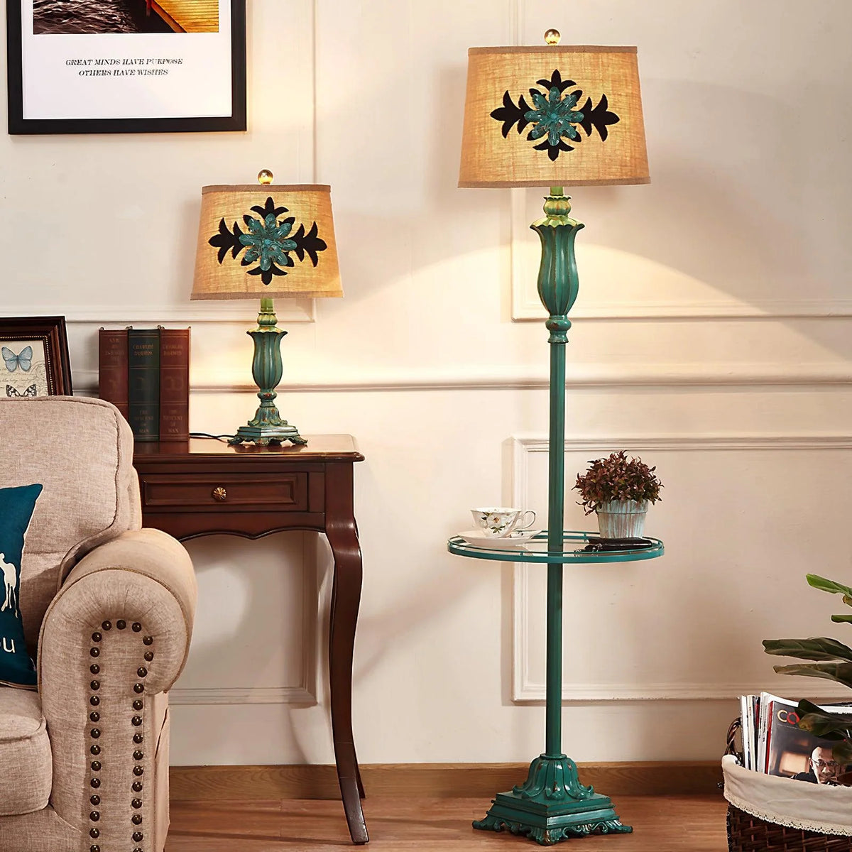 Floor Lamp | Metal Frame, Side Table & Cotton-Linen Shade
