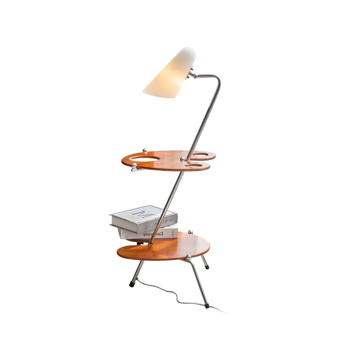 Floor Lamp | Walnut Wood & Metal White Glass Shade | 90 cm Height