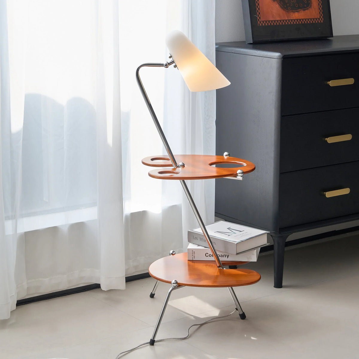 Floor Lamp | Walnut Wood & Metal White Glass Shade | 90 cm Height