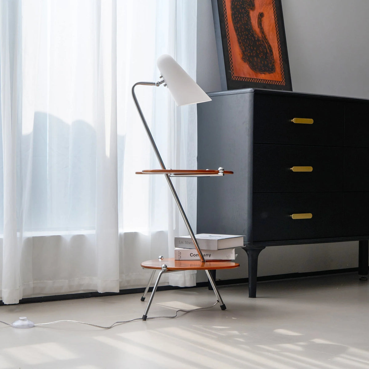 Floor Lamp | Walnut Wood & Metal White Glass Shade | 90 cm Height