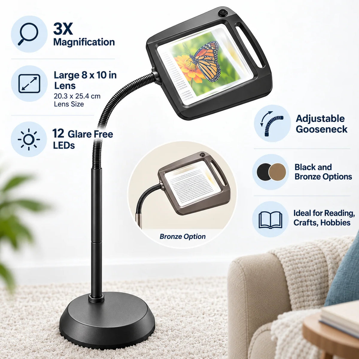 Floor Magnifying Lamp | 3x Magnification & Glare-Free LED | Adjustable Gooseneck Arm