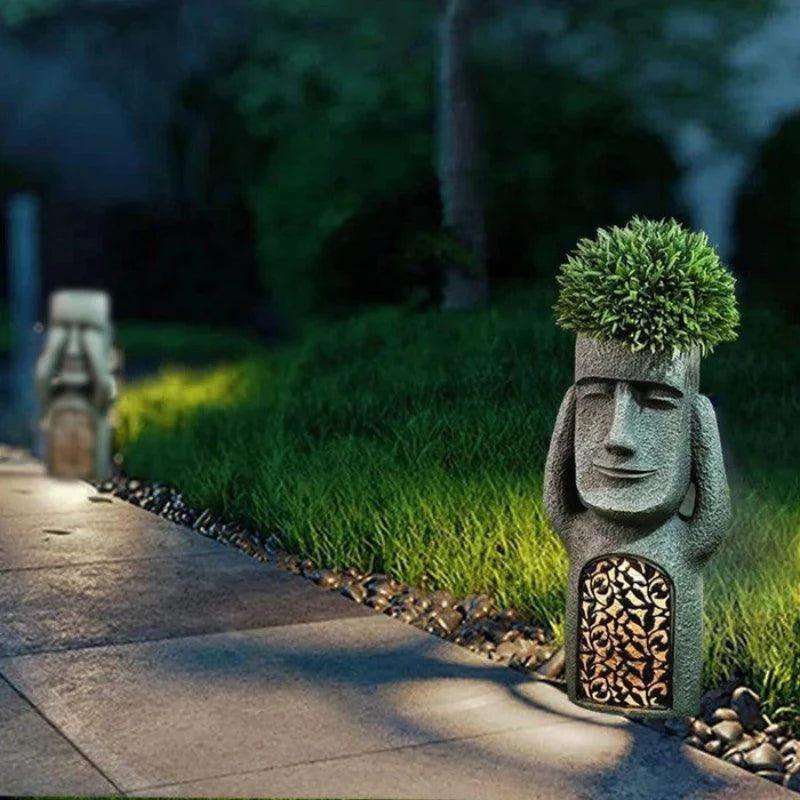 Flower Pot | Abstract Face Sculpture | Integrated Solar LED