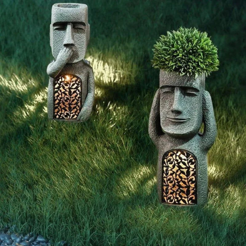 Flower Pot | Abstract Face Sculpture | Integrated Solar LED