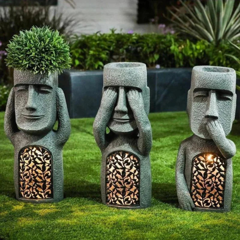 Flower Pot | Abstract Face Sculpture | Integrated Solar LED