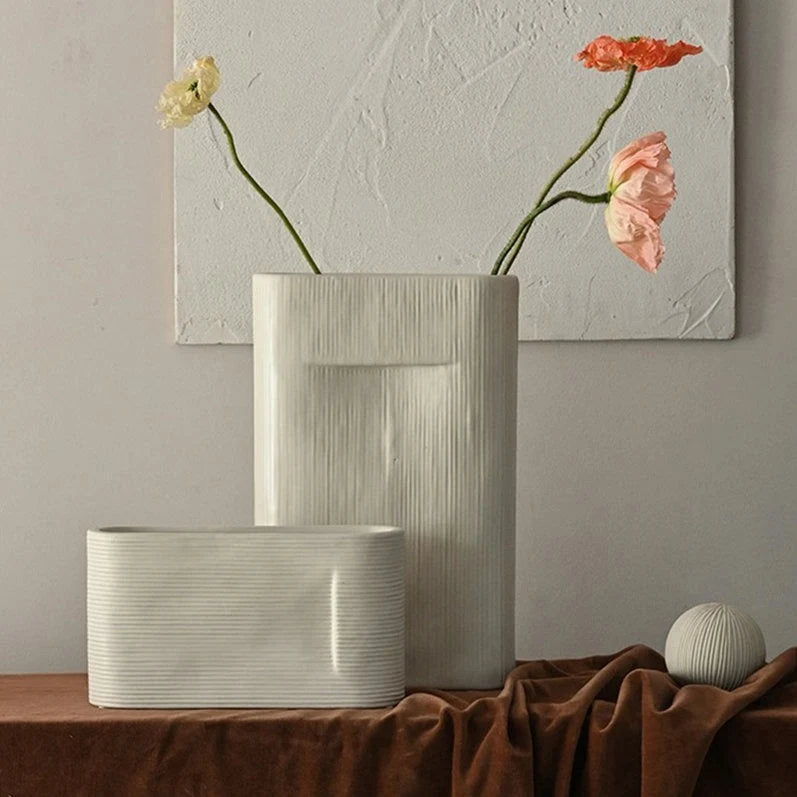 Flower Vases | White Striped Ceramic | 2-Piece Set
