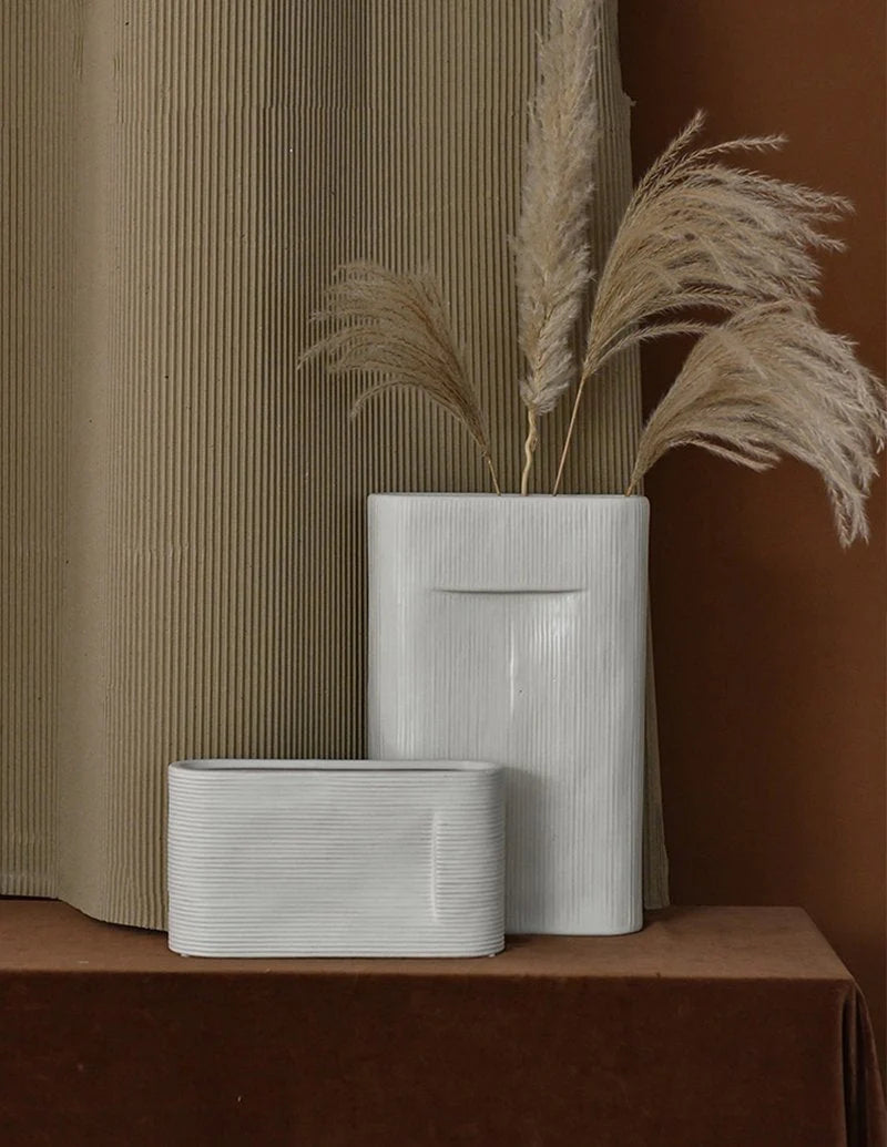 Flower Vases | White Striped Ceramic | 2-Piece Set