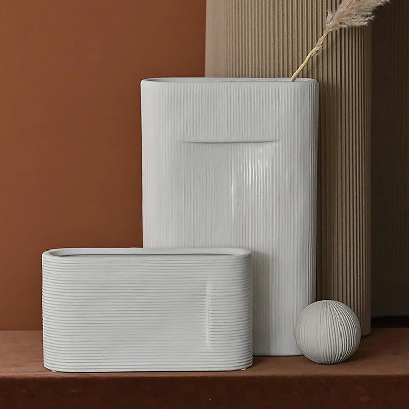 Flower Vases | White Striped Ceramic | 2-Piece Set