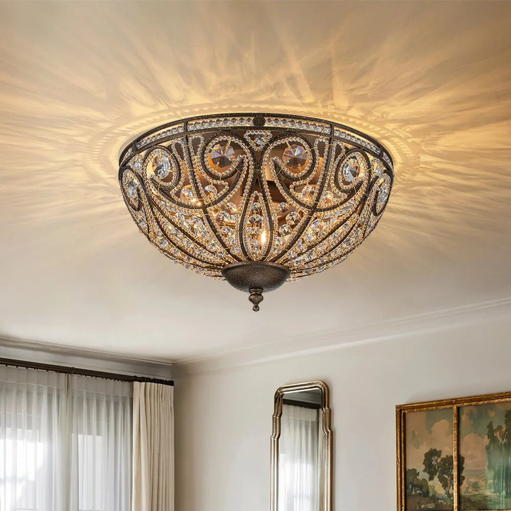 Flush Mount Ceiling Light | Antique Bronze & Crystal Accents | 3-Light