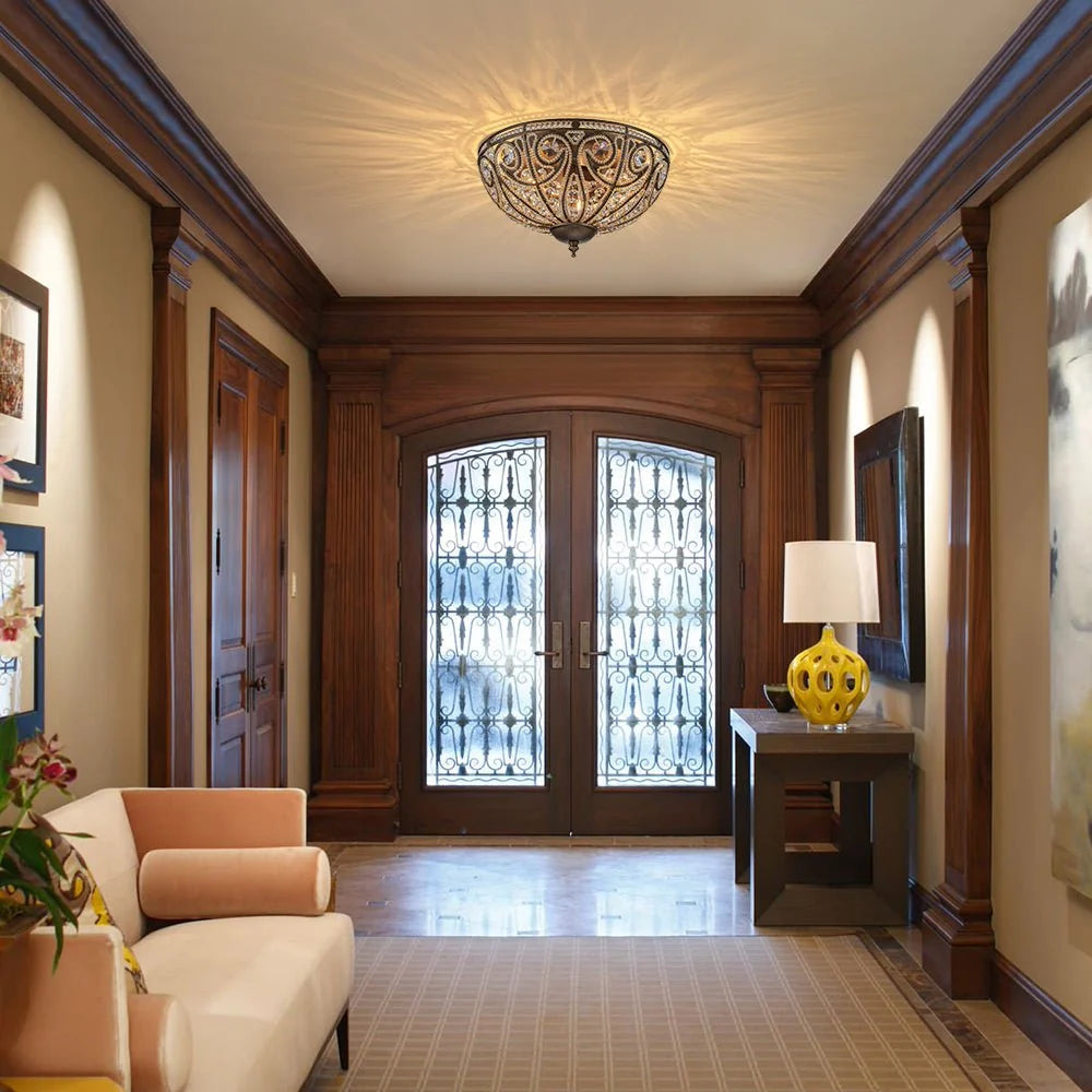 Flush Mount Ceiling Light | Antique Bronze & Crystal Accents | 3-Light