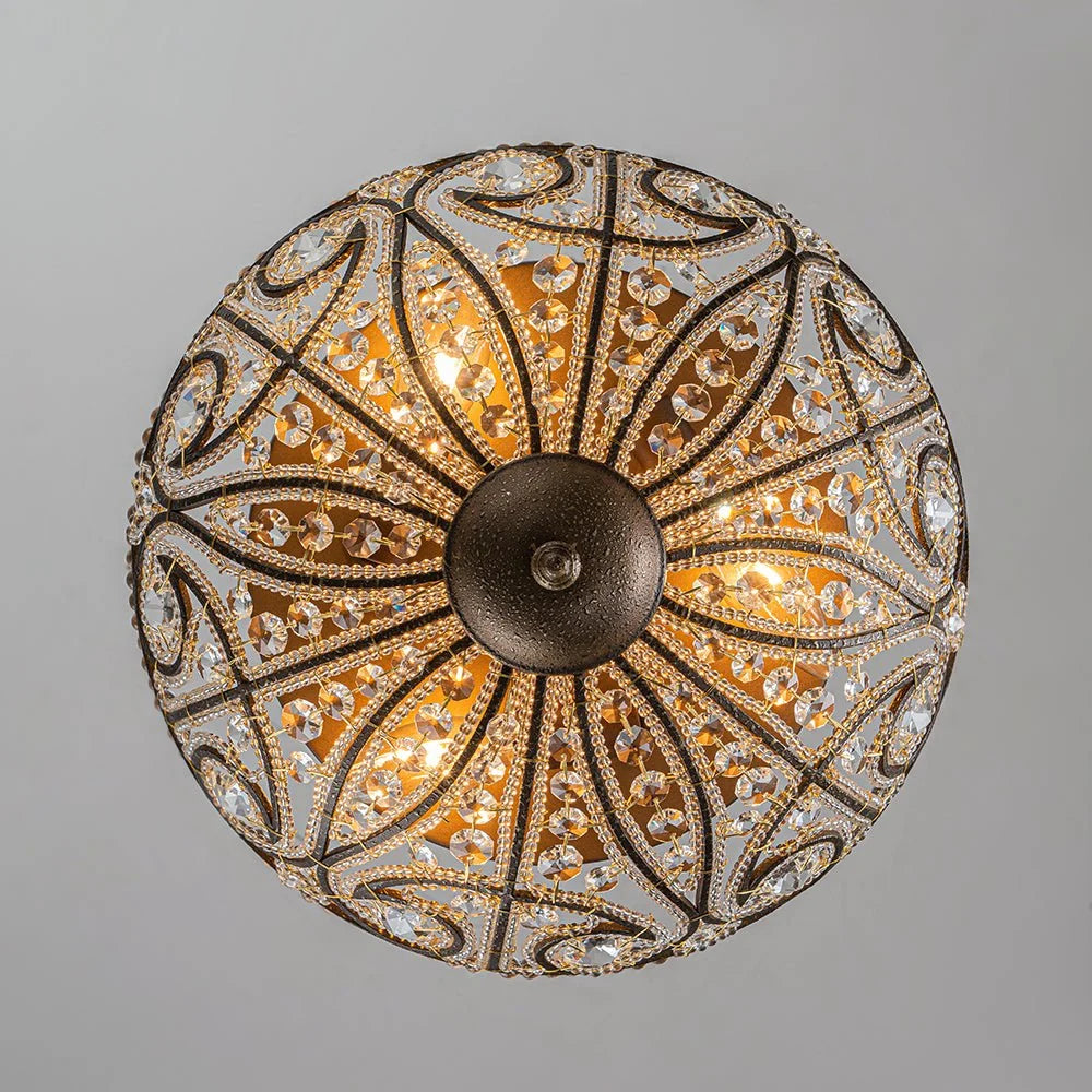 Flush Mount Ceiling Light | Antique Bronze & Crystal Accents | 3-Light