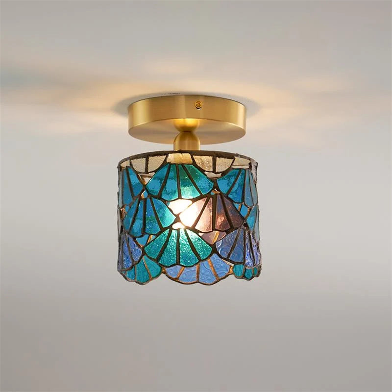 Flush Mount Ceiling Light | Stained Glass Shade & Metal Fixture | Bedroom & Living Room