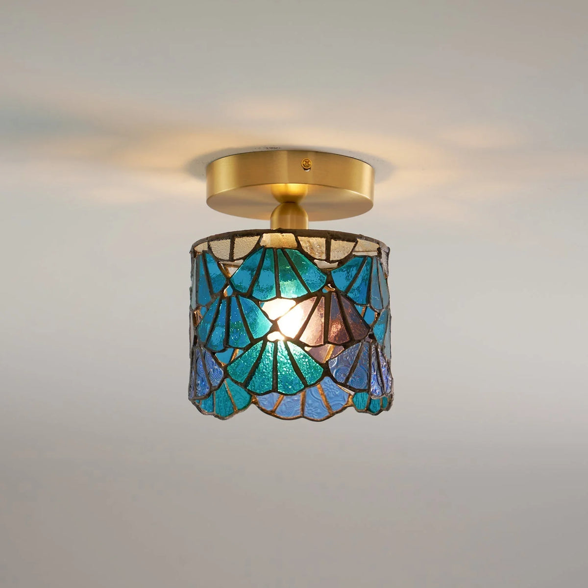 Flush Mount Ceiling Light | Stained Glass Shade & Metal Fixture | Bedroom & Living Room