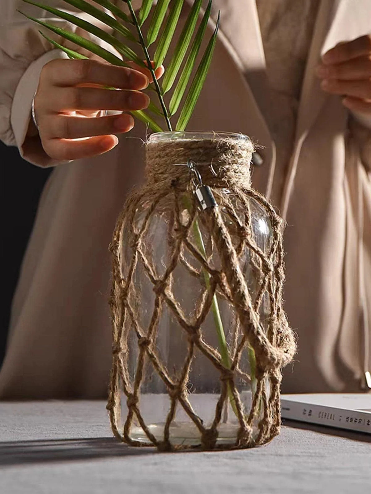 Glass Vase | Hanging & Standing Display | Rustic Hemp Cord
