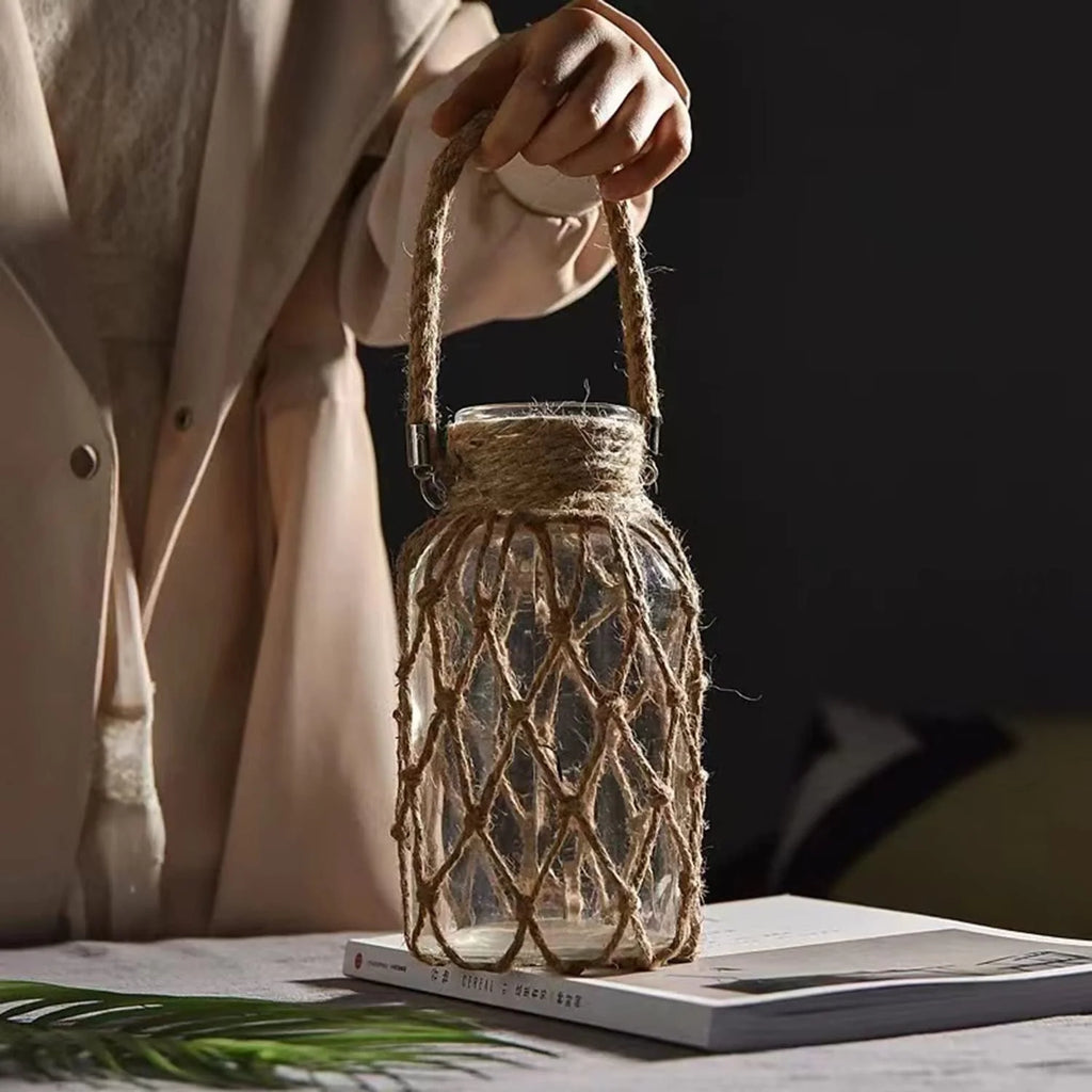 Glass Vase | Hanging & Standing Display | Rustic Hemp Cord