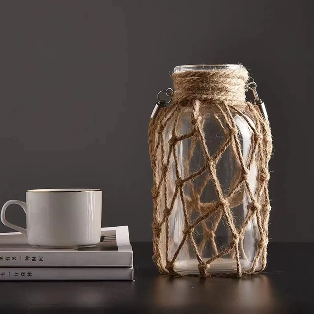 Glass Vase | Hanging & Standing Display | Rustic Hemp Cord