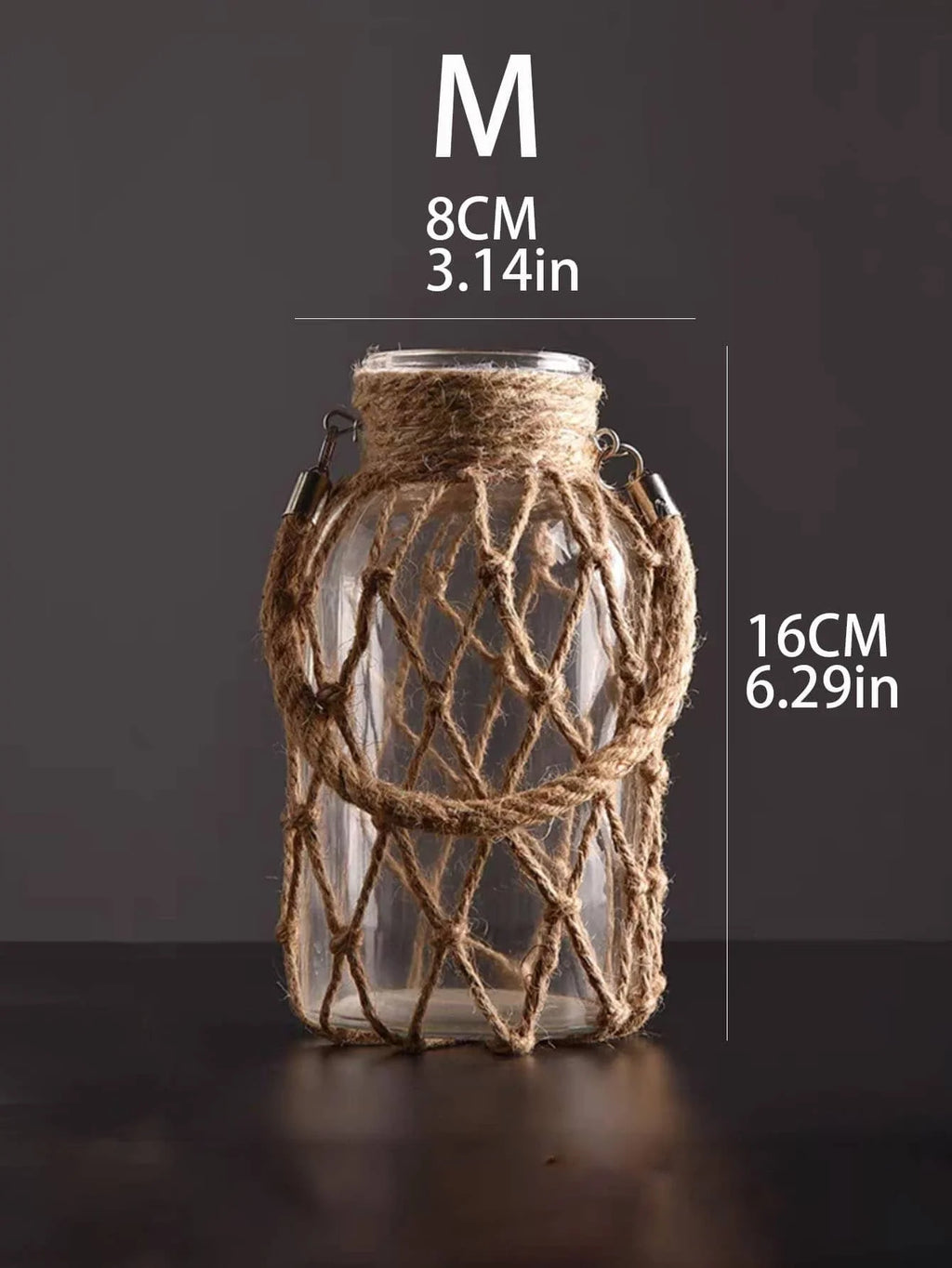 Glass Vase | Hanging & Standing Display | Rustic Hemp Cord