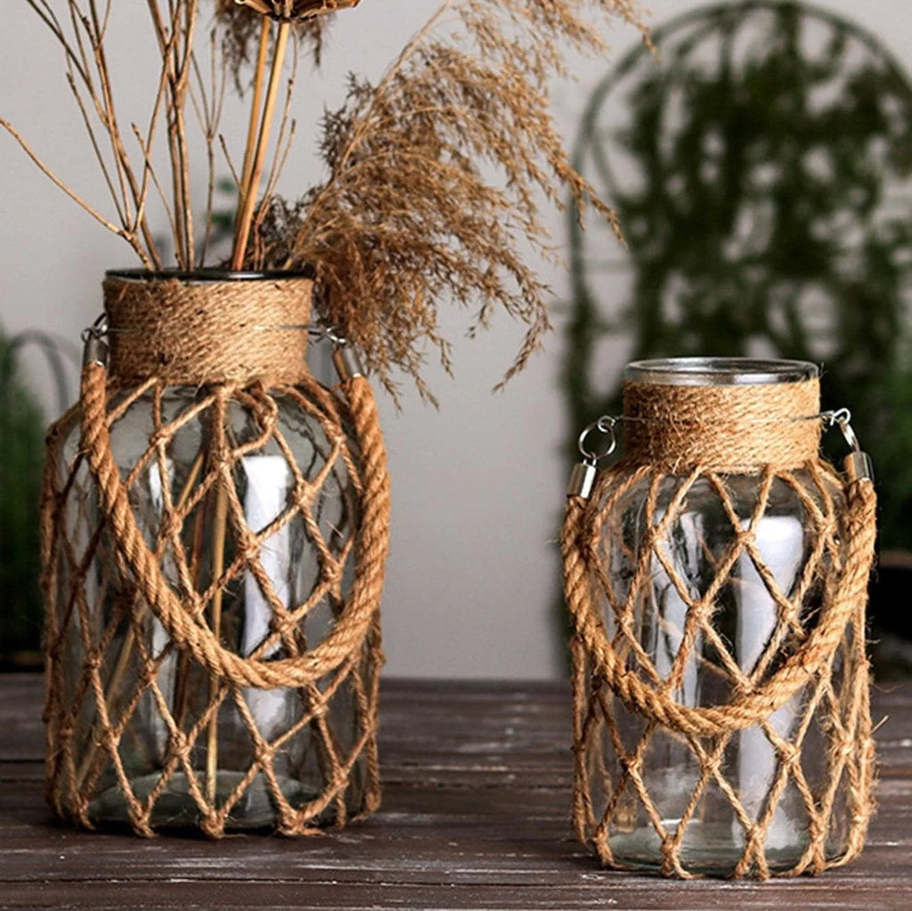 Glass Vase | Hanging & Standing Display | Rustic Hemp Cord