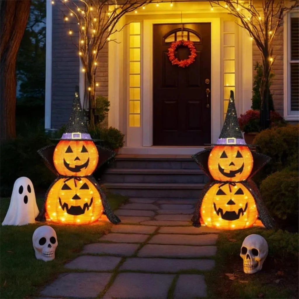 Halloween Pumpkin Decorations | Warm White LED & Collapsible | Set of 2