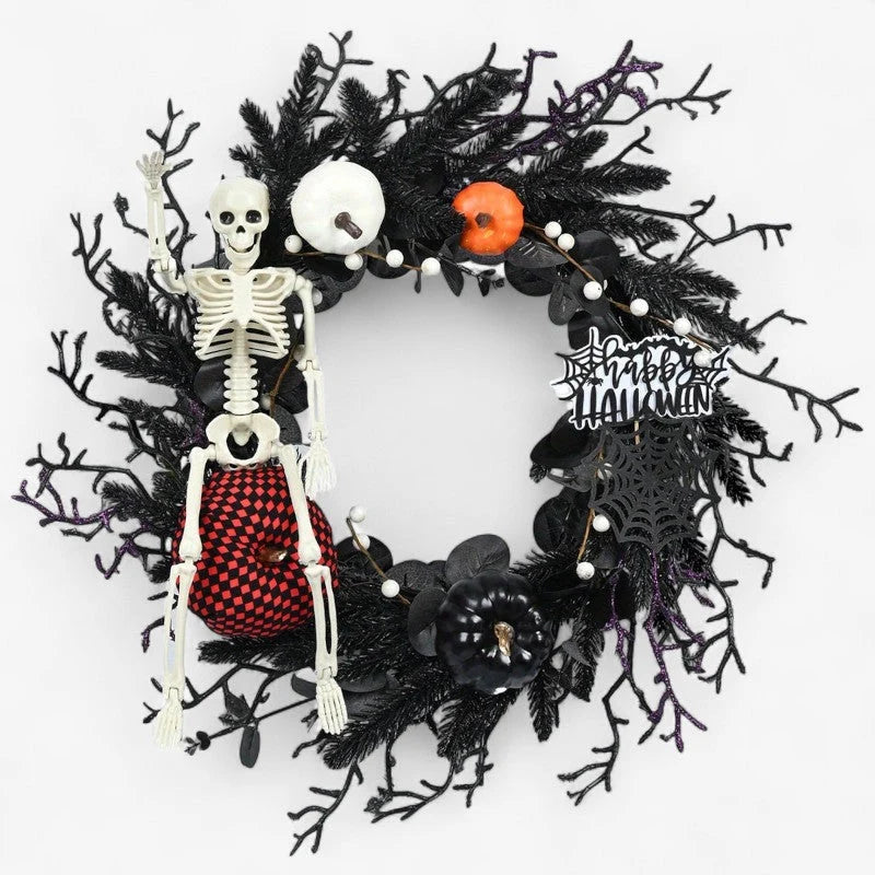 Halloween Wreath | Skeleton & Pumpkin Design | Lightweight Plastic