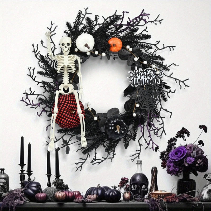 Halloween Wreath | Skeleton & Pumpkin Design | Lightweight Plastic