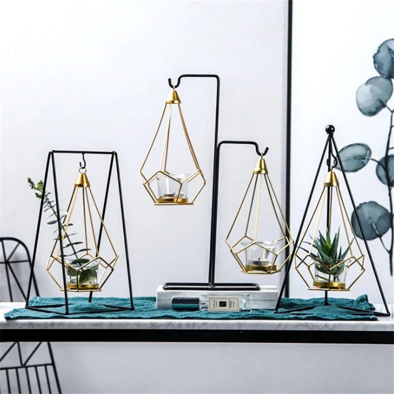 Hanging Candle Holder | Faceted Diamond & Gold Metal