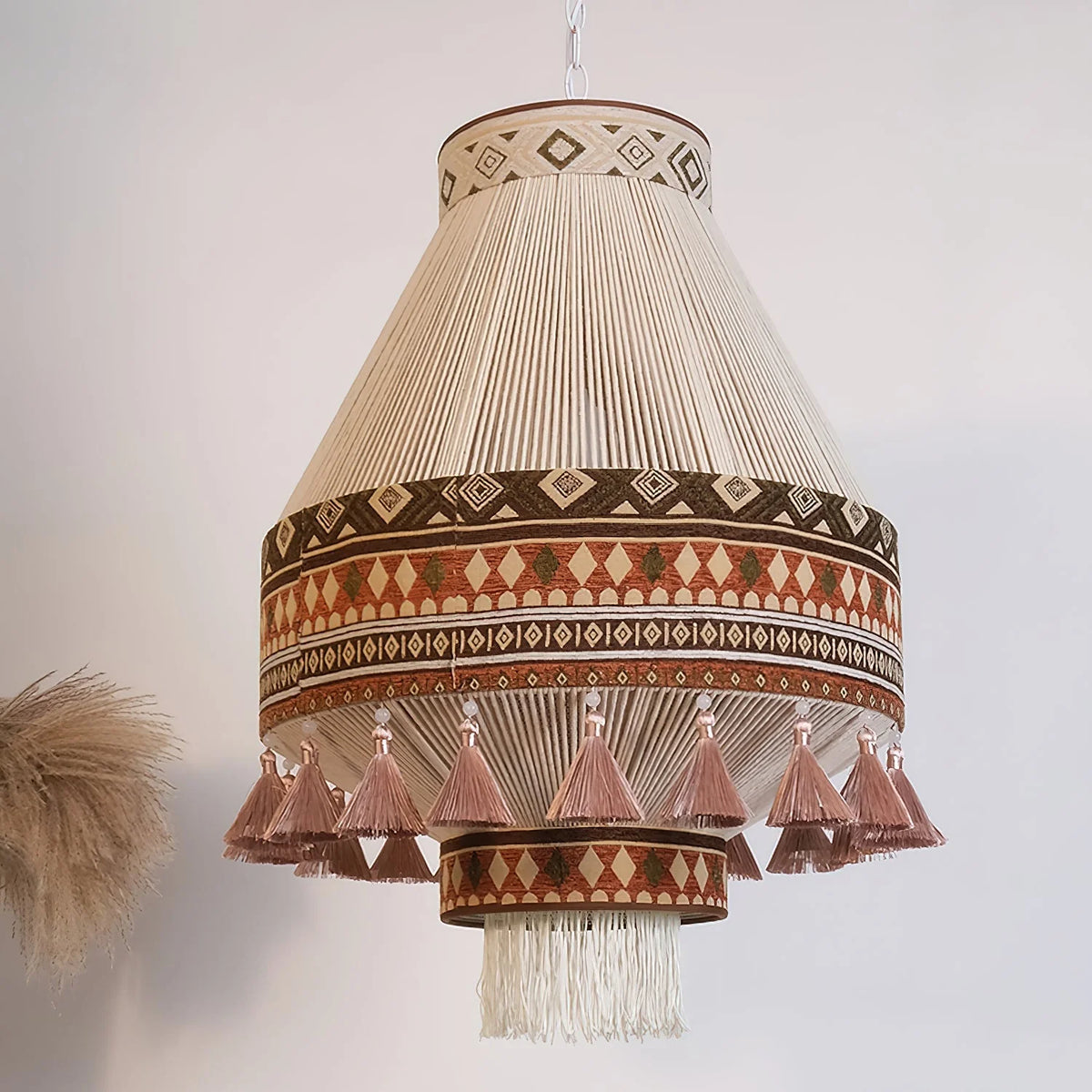 Hanging Lamp | Boho Fringed Shade & Linen Rope