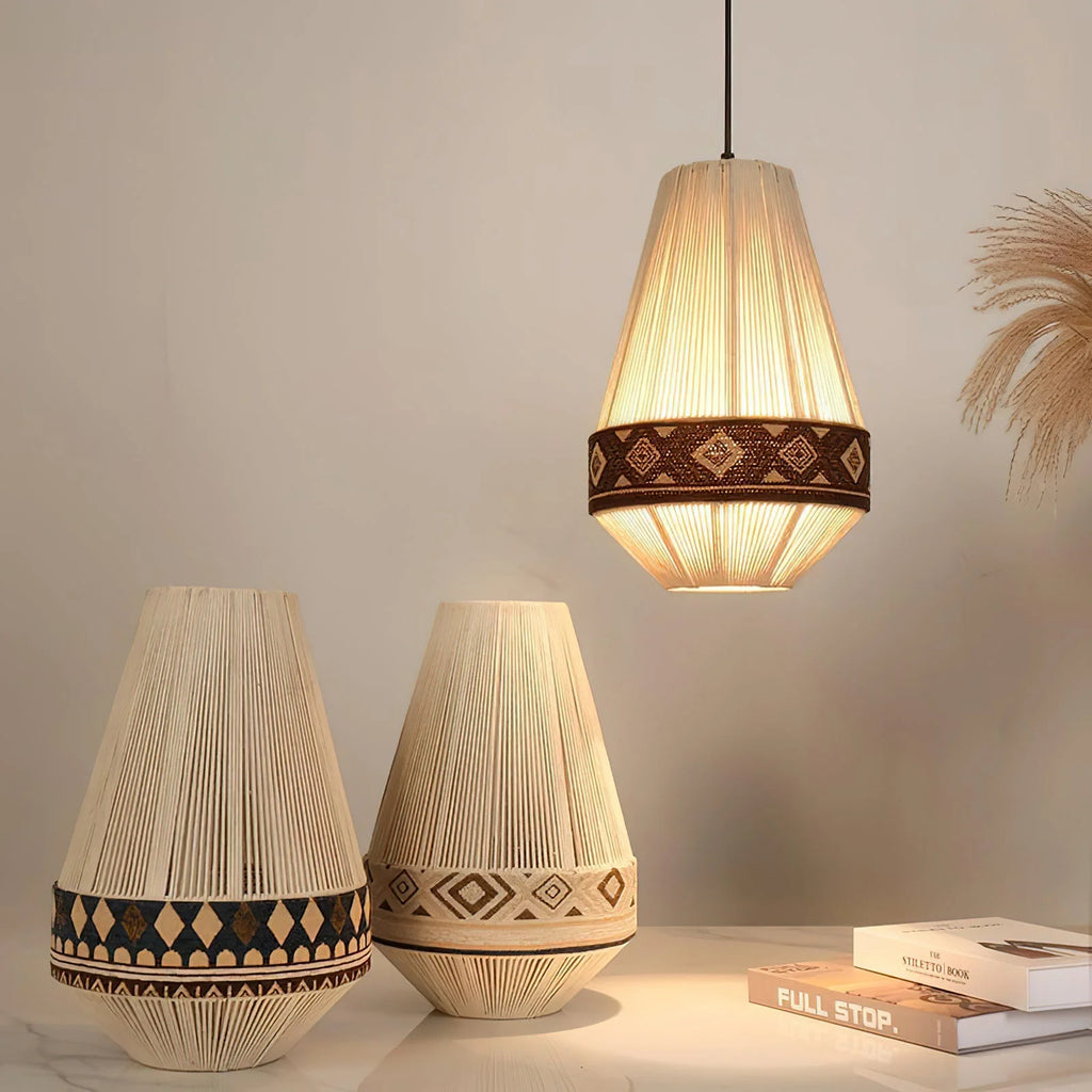 Hanging Lamp | Boho Fringed Shade & Linen Rope