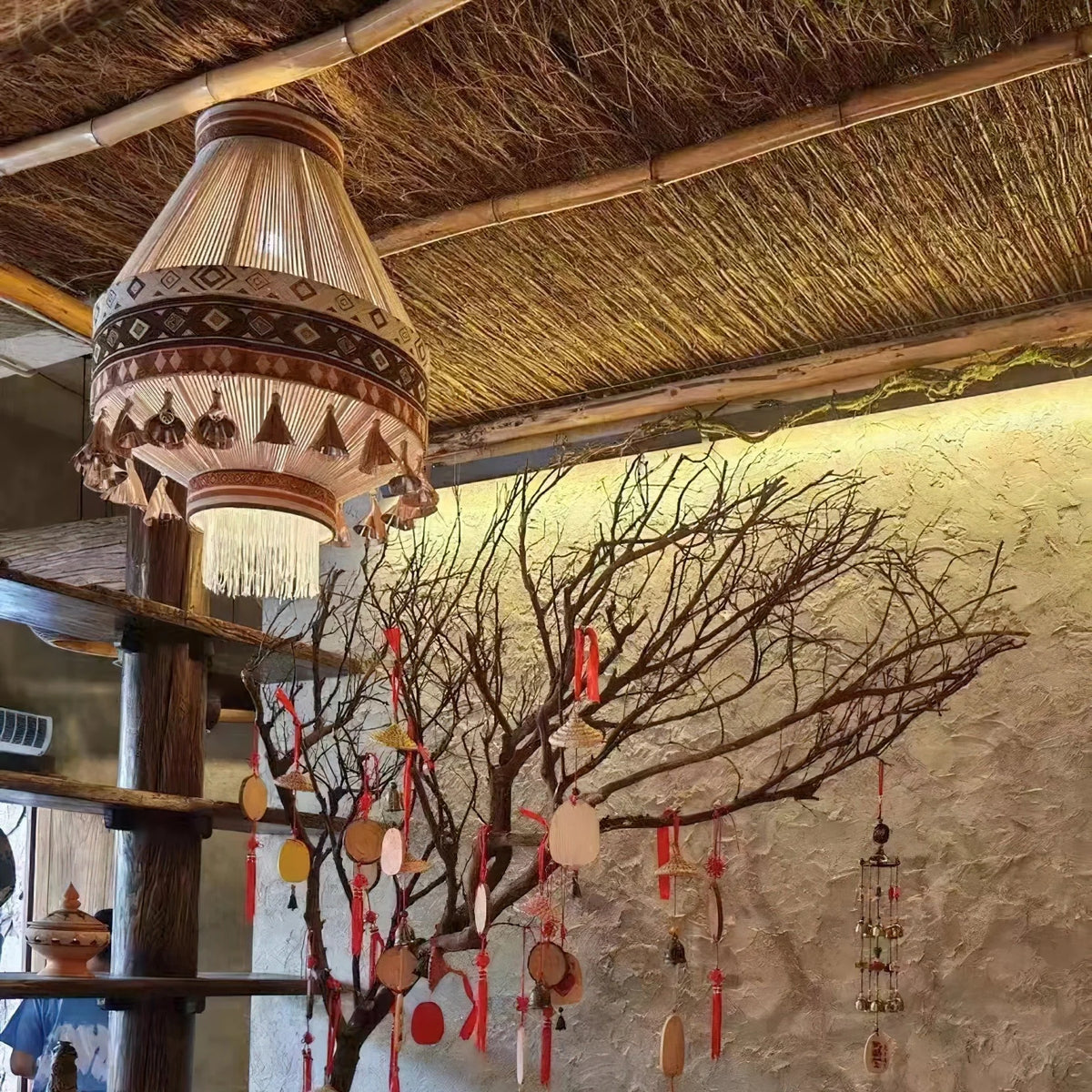 Hanging Lamp | Boho Fringed Shade & Linen Rope