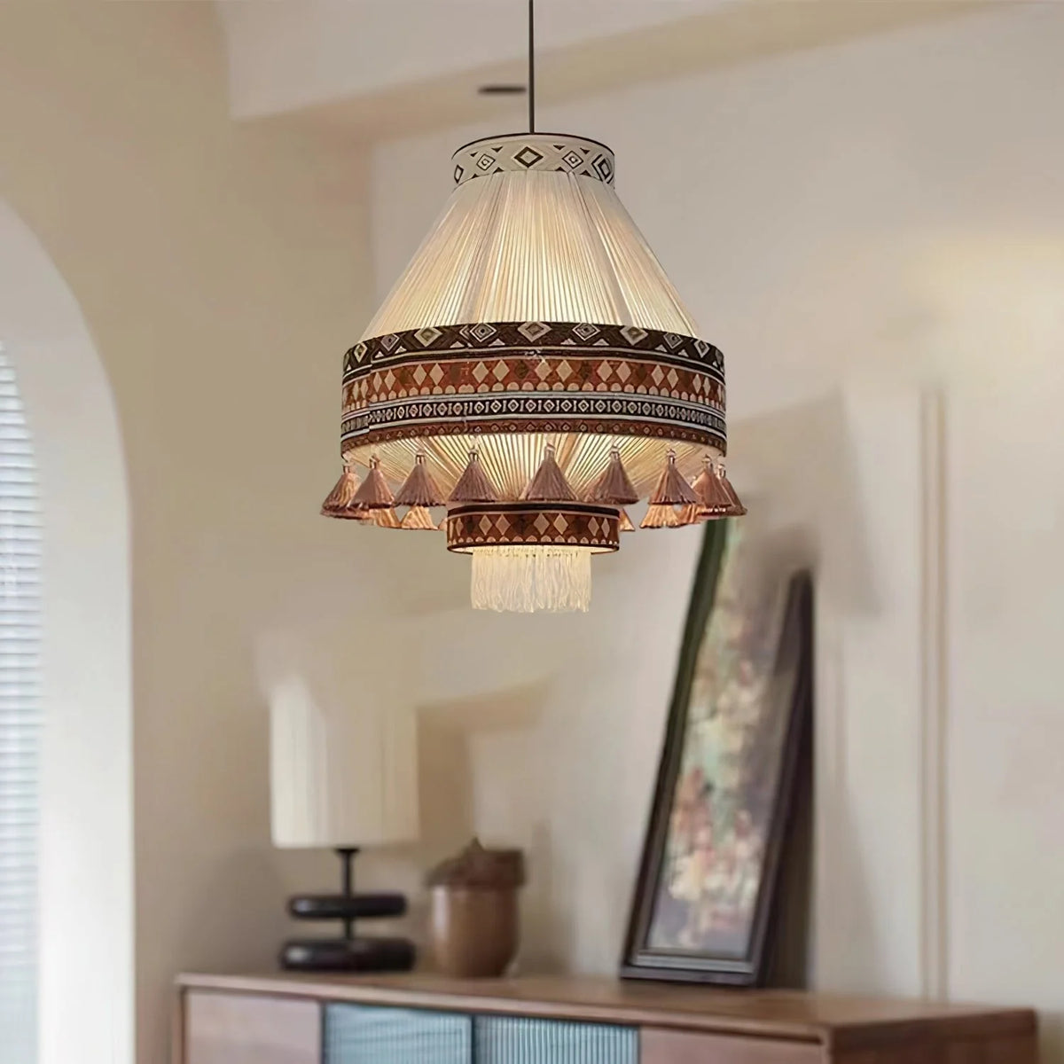 Hanging Lamp | Boho Fringed Shade & Linen Rope