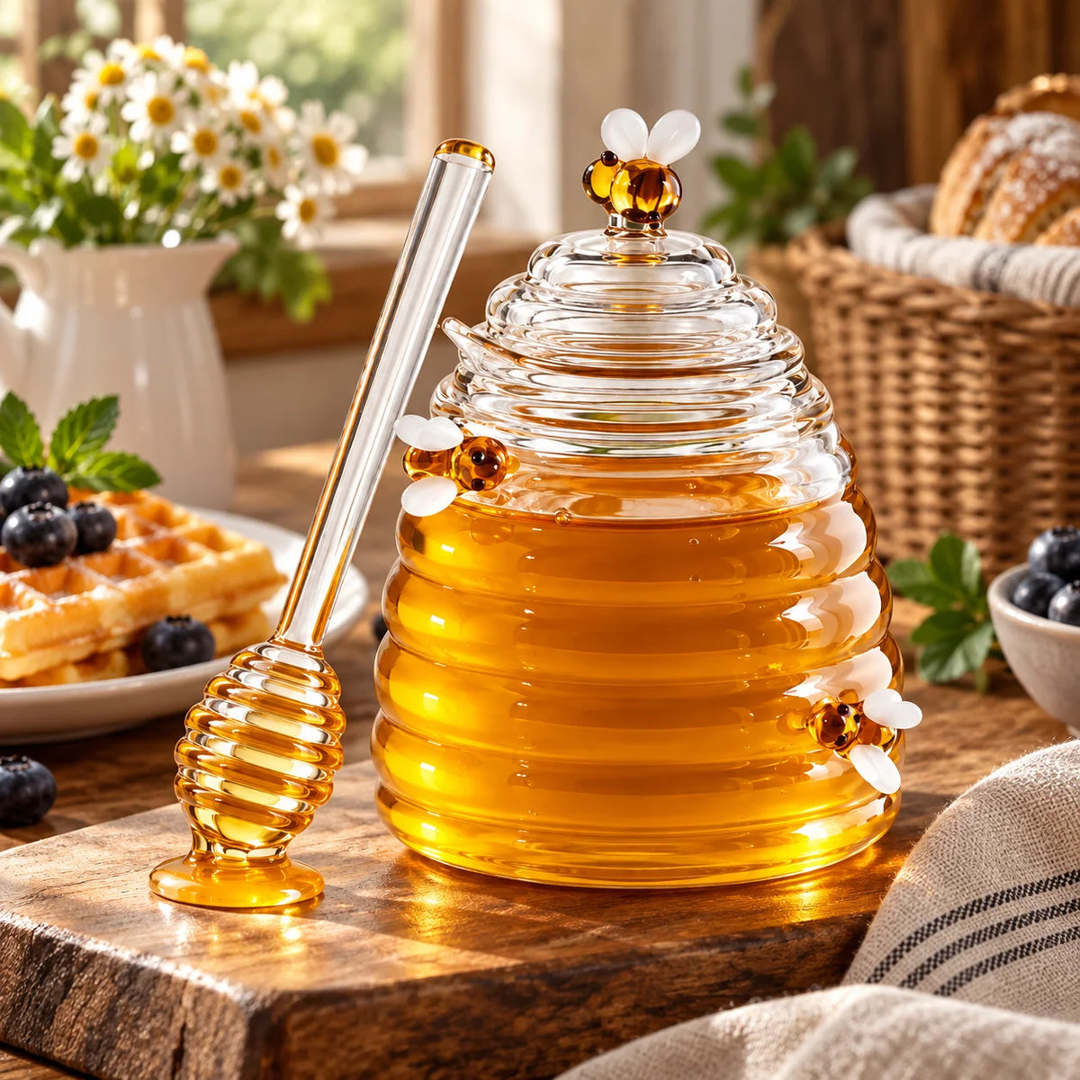 Honey Jar | Beehive-Style Ribbed Glass & Matching Dipper