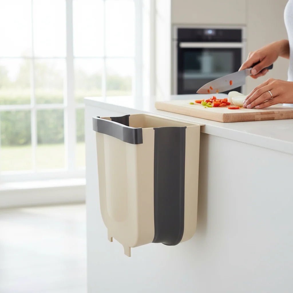 Kitchen Trash Can | Hanging & Foldable One-Hand Lid