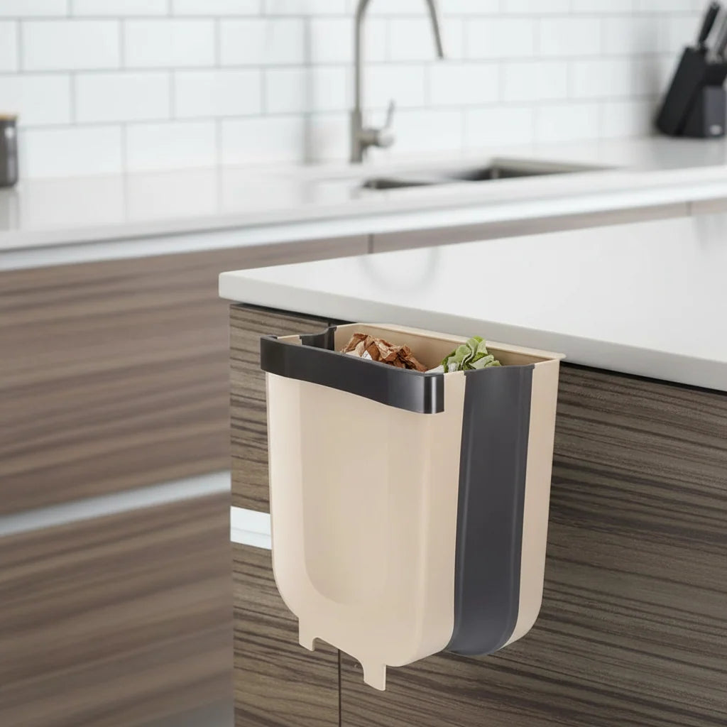 Kitchen Trash Can | Hanging & Foldable One-Hand Lid