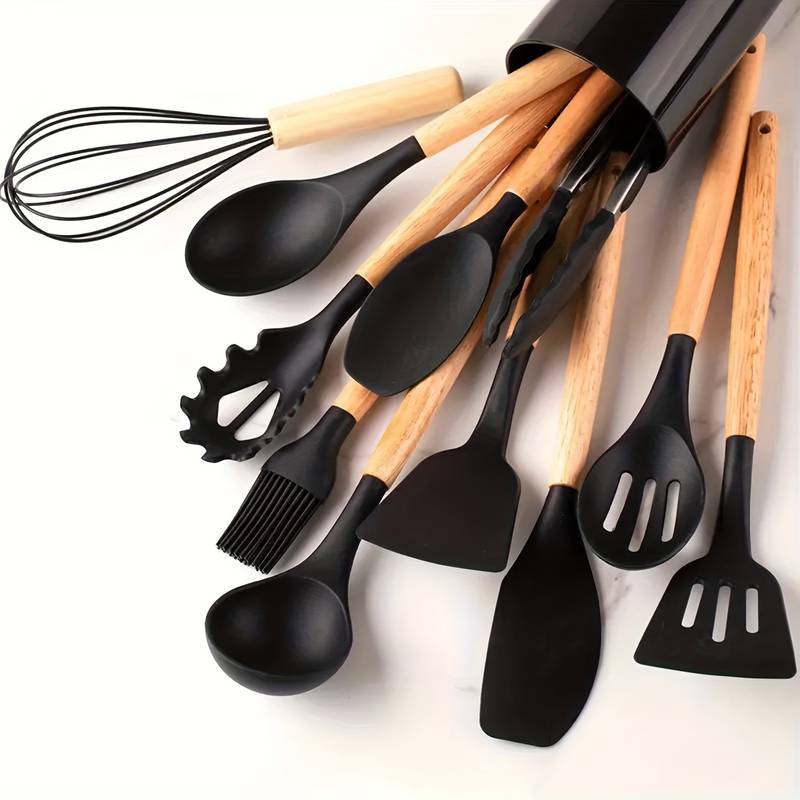 Kitchen Utensil Set | Heat-Resistant Silicone & Wooden Handles | Set of 12