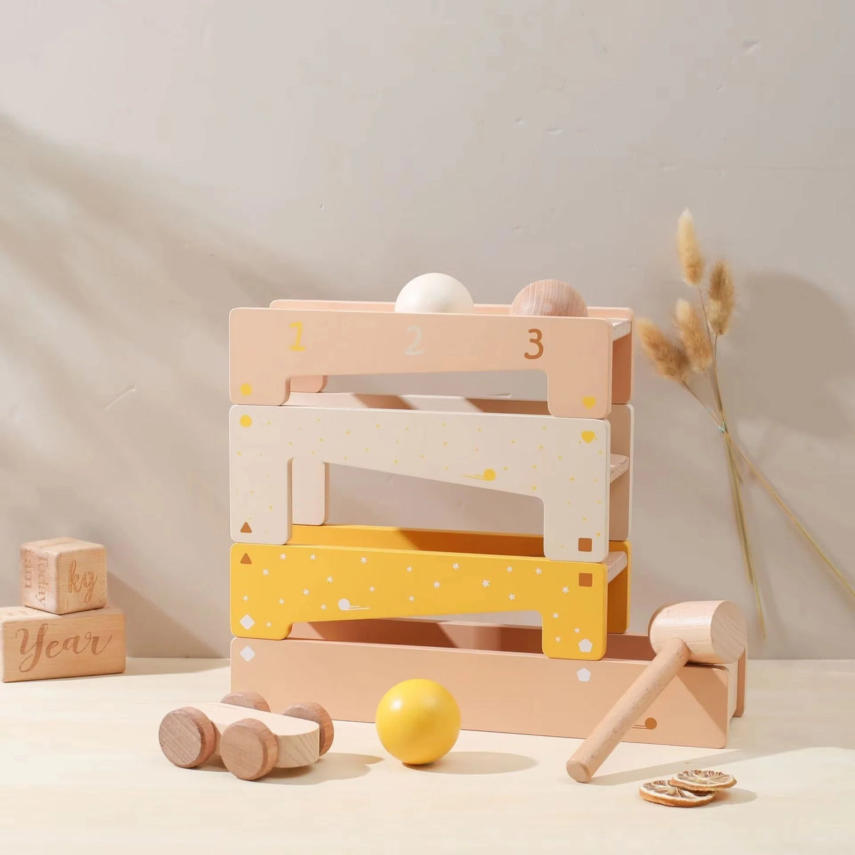 Marble Track | Solid Wood & Toddler-Safe | Includes Hammer, 3 Balls & Car