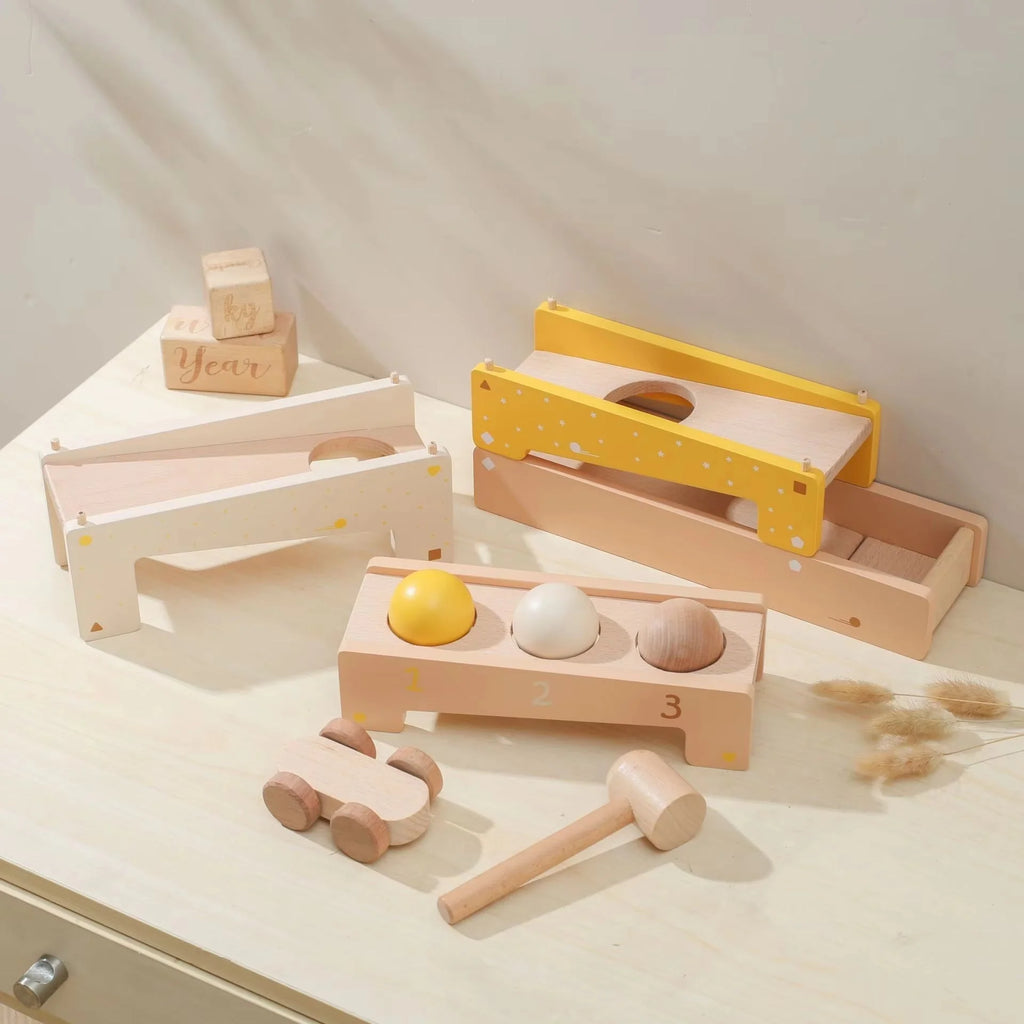 Marble Track | Solid Wood & Toddler-Safe | Includes Hammer, 3 Balls & Car