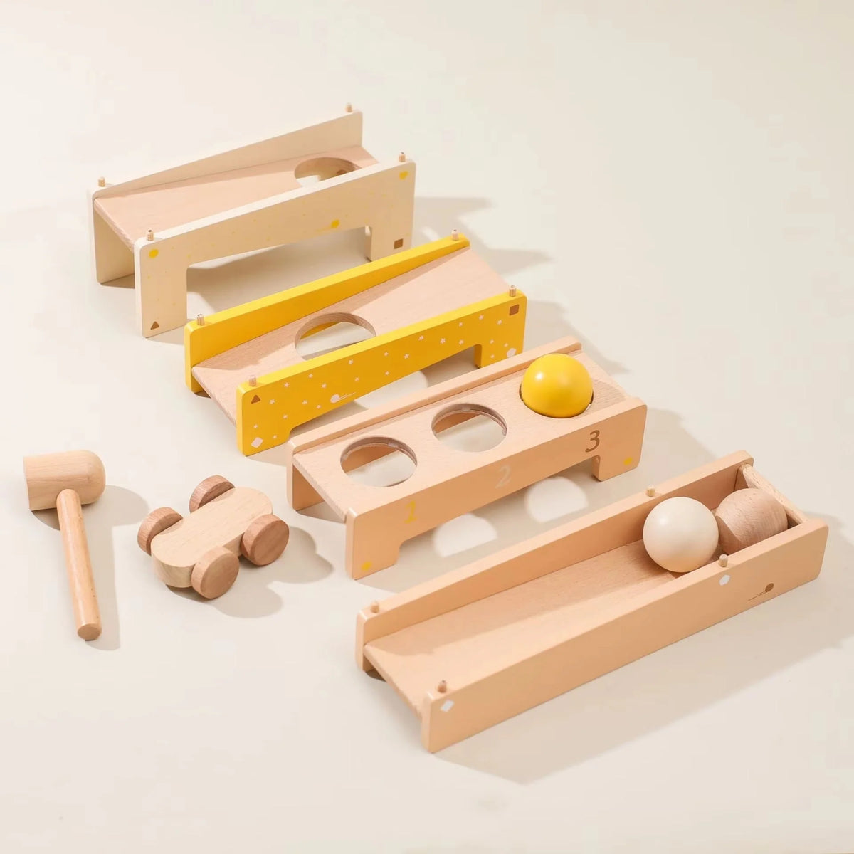Marble Track | Solid Wood & Toddler-Safe | Includes Hammer, 3 Balls & Car