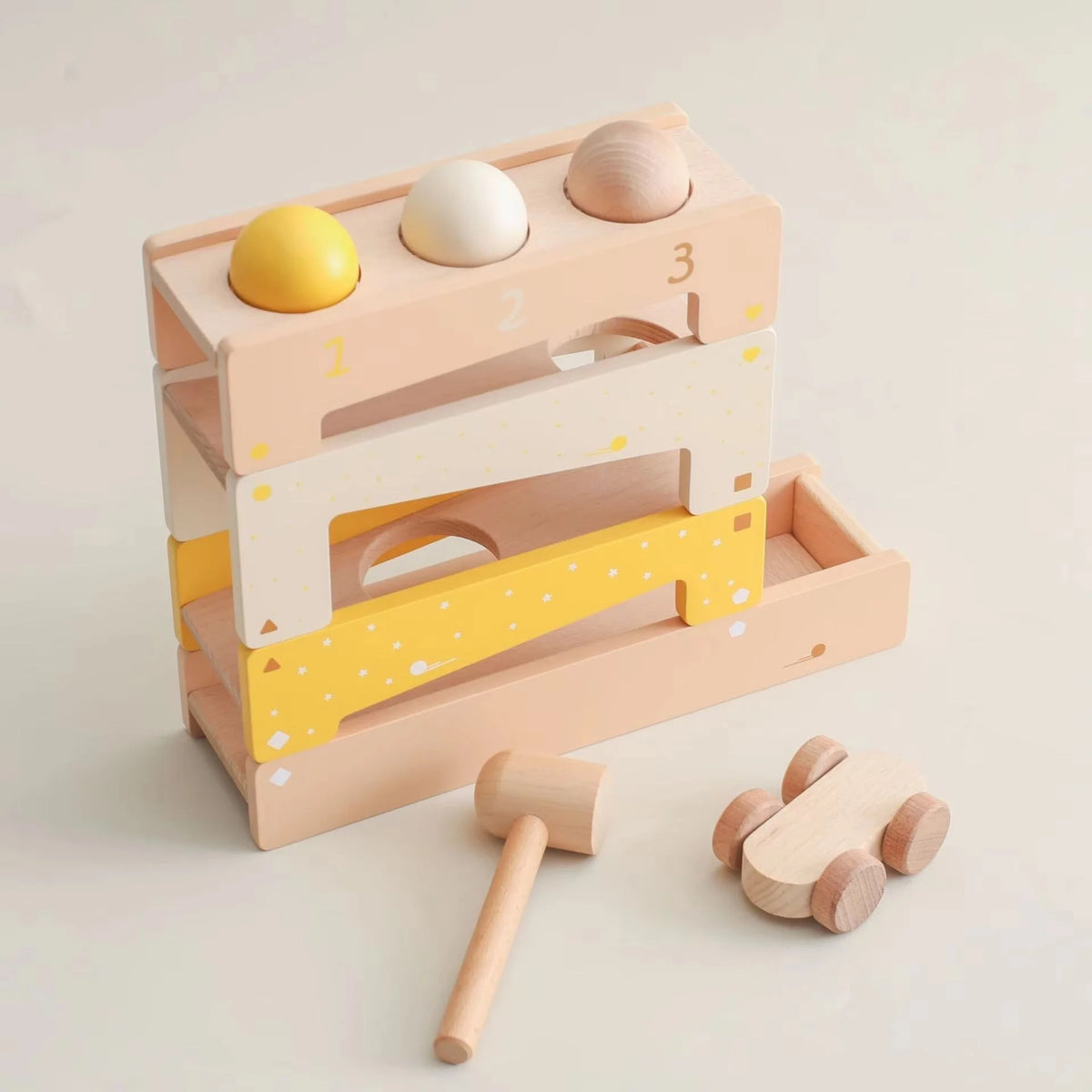 Marble Track | Solid Wood & Toddler-Safe | Includes Hammer, 3 Balls & Car