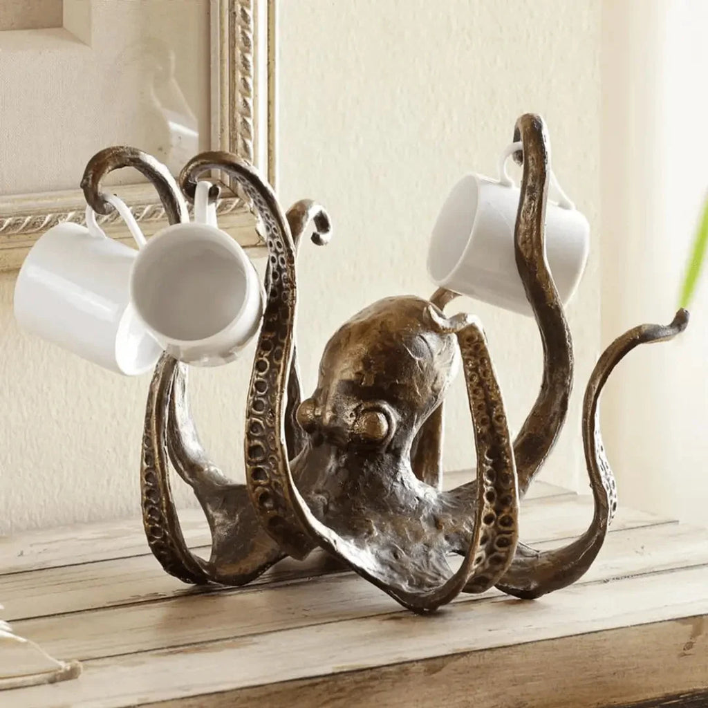 Mug Holder | Octopus Design & Antique Brass Finish | Holds Up to 8 Mugs