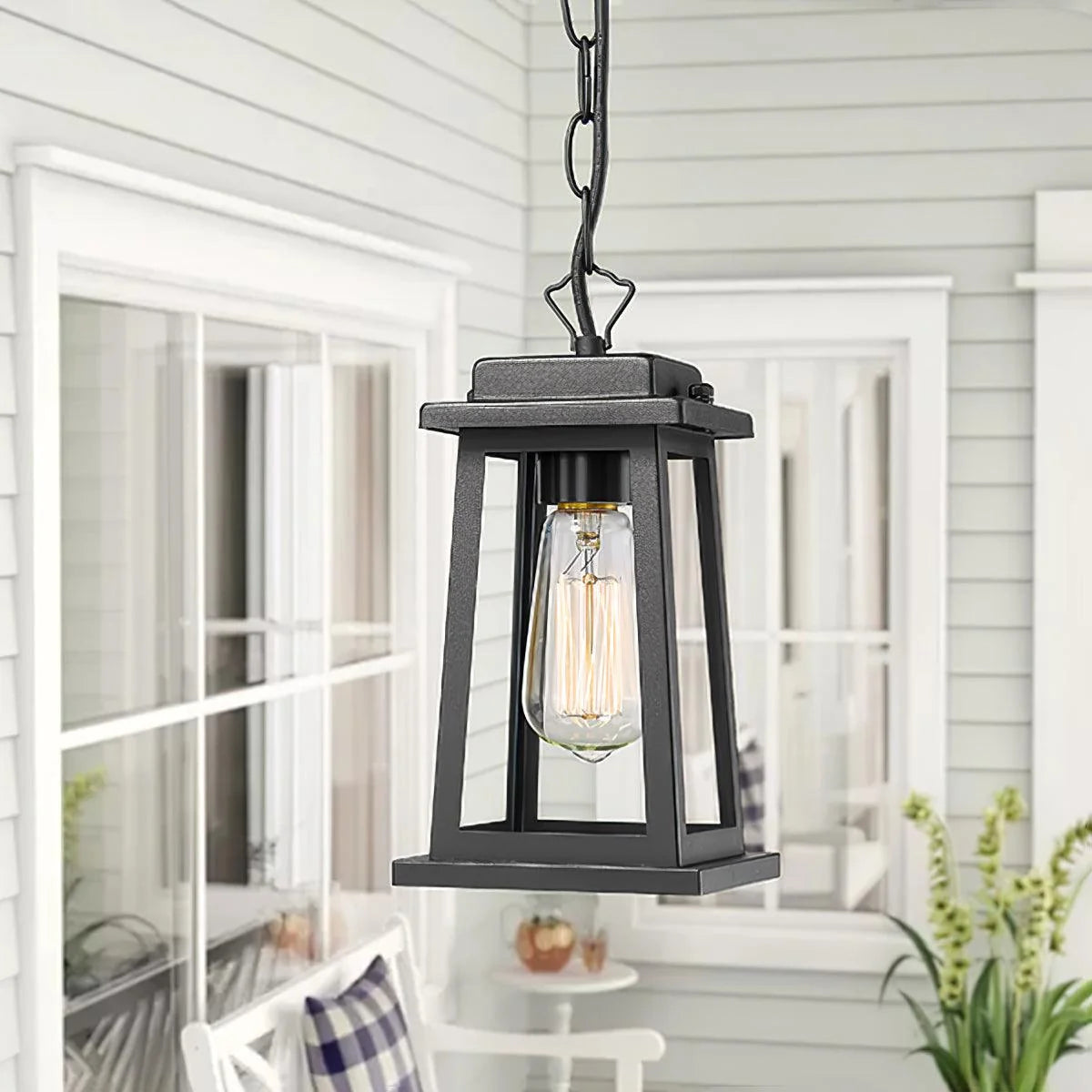 Outdoor Pendant Light | Black Metal & Clear Glass | Adjustable Hanging Chain