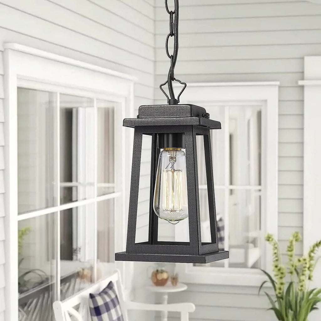 Outdoor Pendant Light | Black Metal & Clear Glass | Adjustable Hanging Chain