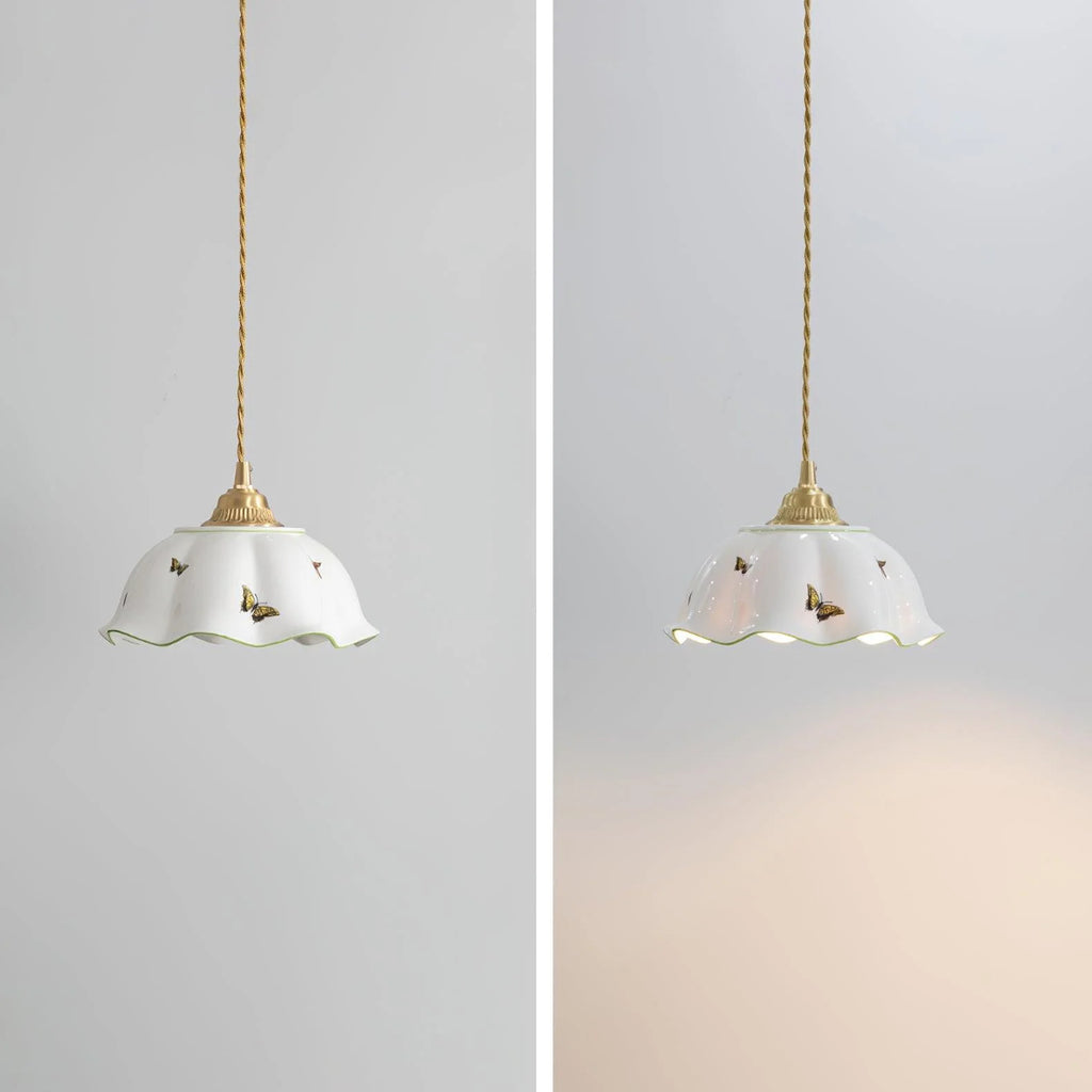 Pendant Lamp | Ceramic Butterfly Shade & Brass Canopy | Hardwired
