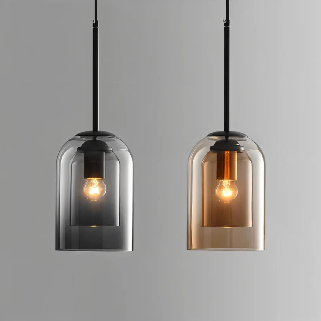 Pendant Lamp | Double Amber & Smoke Glass Shade & Iron Frame