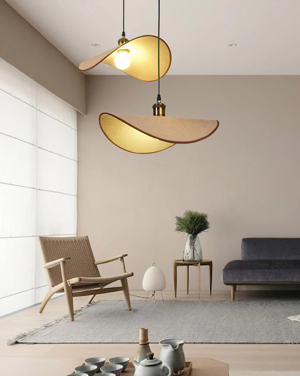 Pendant Lamp | Linen Fabric Shade & Walnut Accent | Adjustable Cord